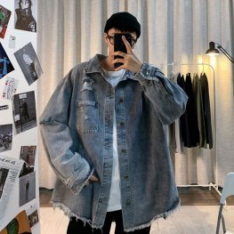 Autumn Denim Jacket With Holes Trendy Men's Loose Casual Coat