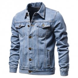 Veste en jean pour homme Veste décontractée à boutonnage simple à revers de couleur unie